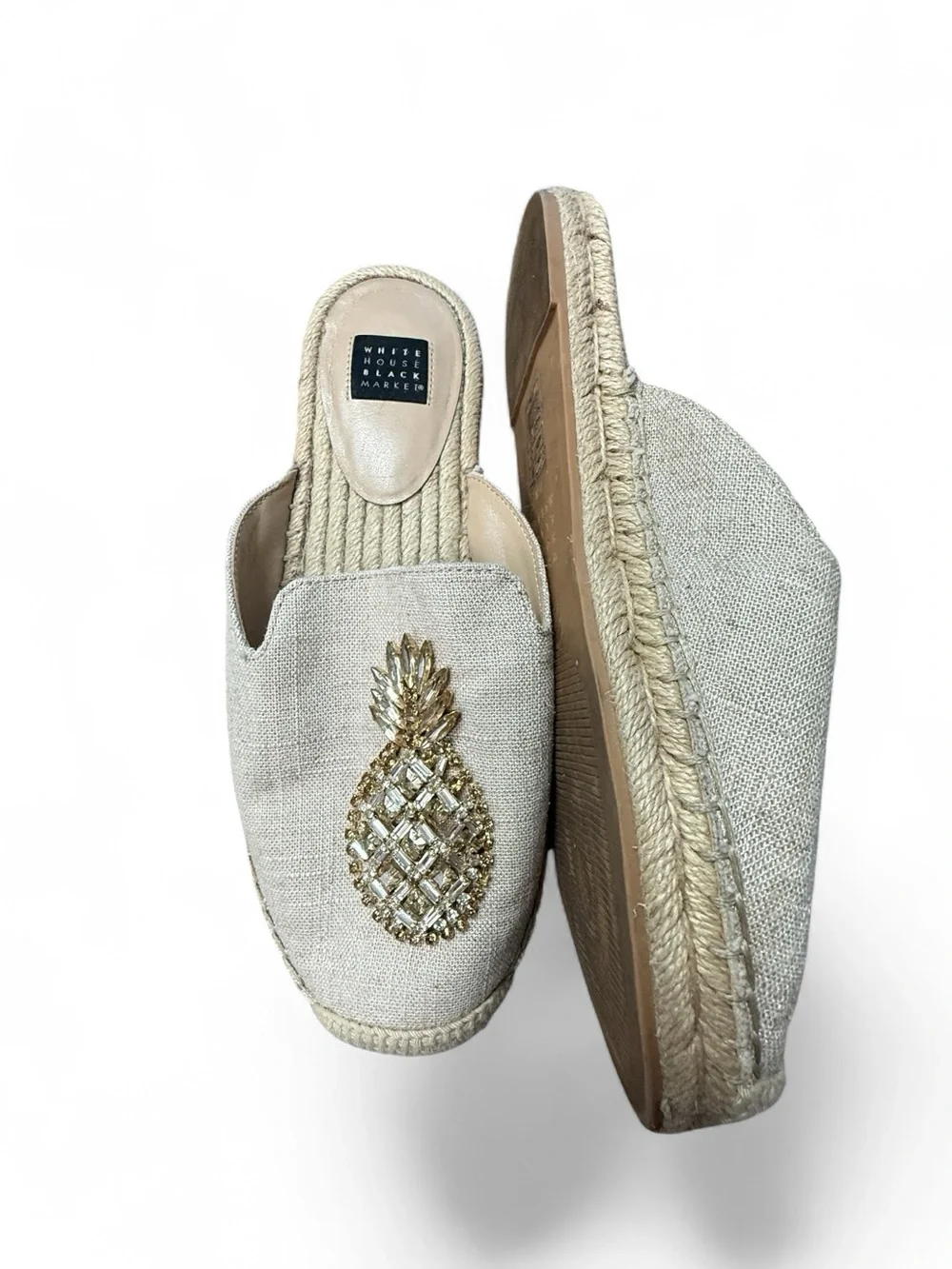 White House Black Market Cream Espadrille Slip-On with Gold Pineapple Accent